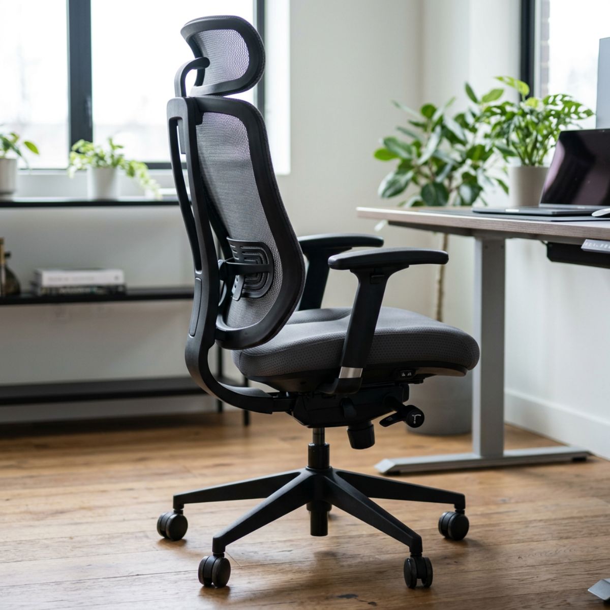Silla de oficina con asiento de tela transpirable y respaldo de malla.